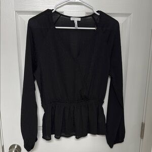 Black Puff Sleeve Wrap Peplum Blouse